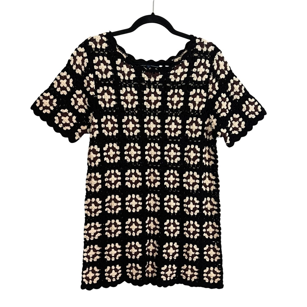 Shore Granny Square Crochet Mini Dress Black Brown Cream XS Cotton Boho Dress